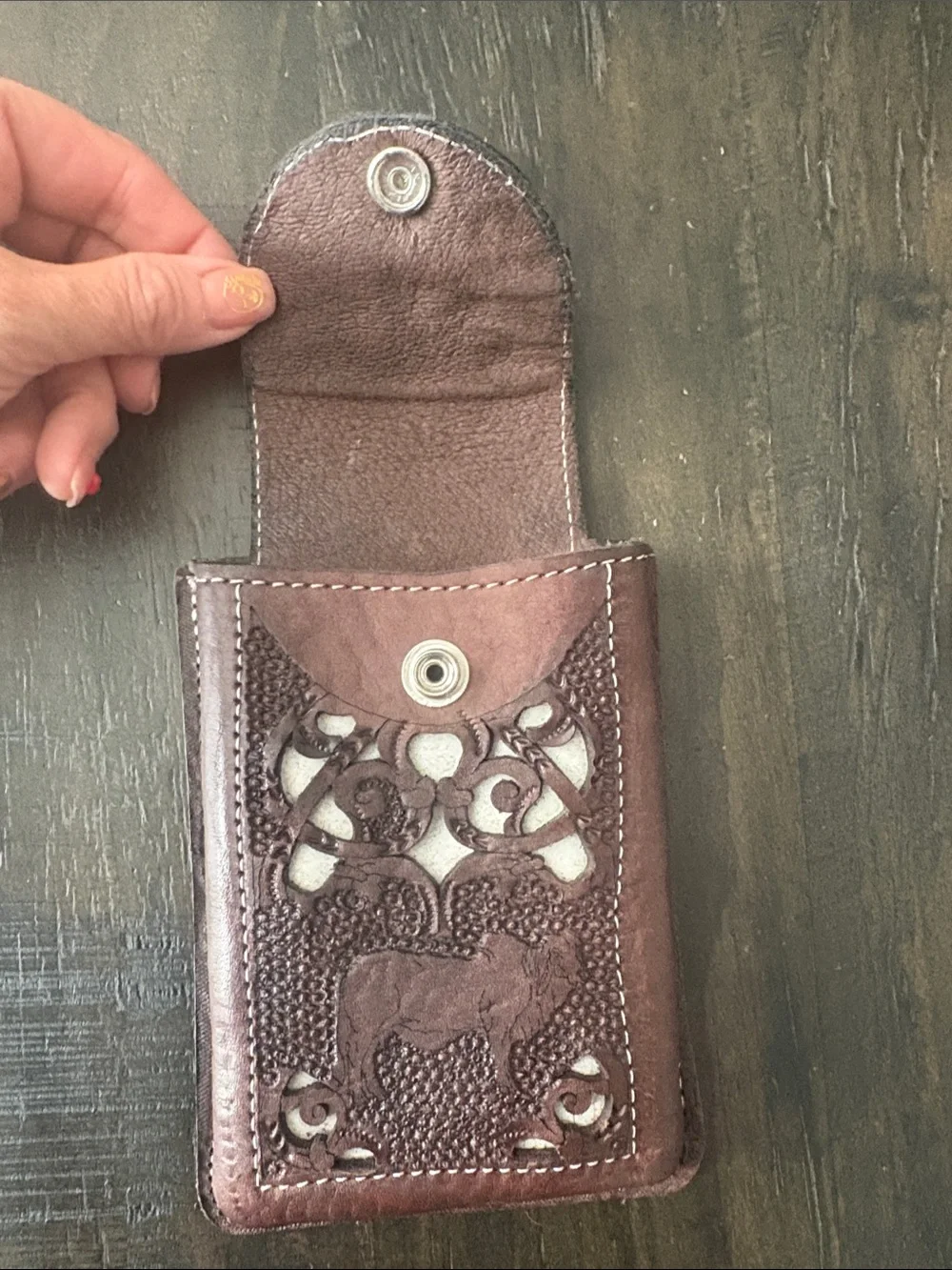Handcrafted Tooled Leather Phone Sleeve in Rich Brown